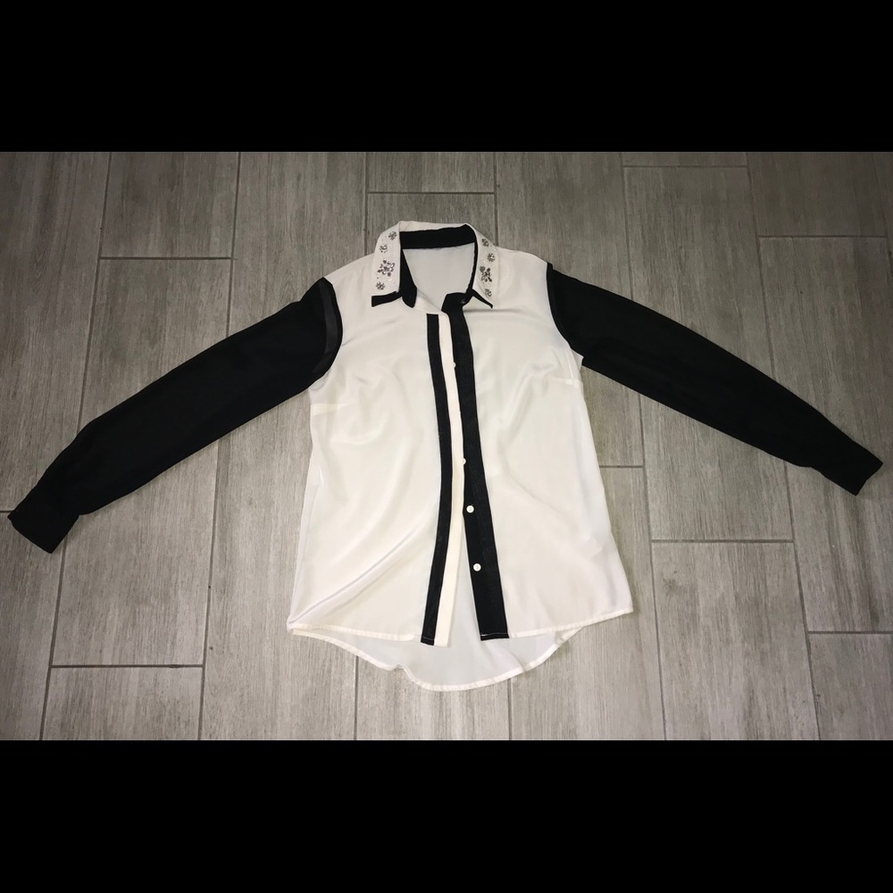 Black & white, button-down shirt with rhinestones.